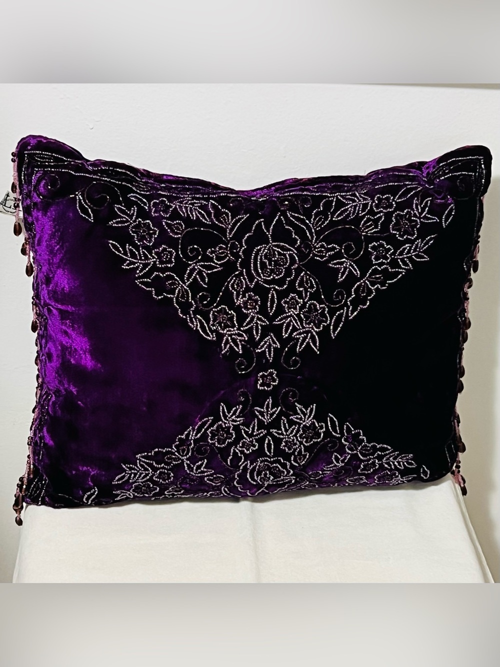 Embroidered beaded Velvet Decorative Pillow - Purple - Picture 3 of 11